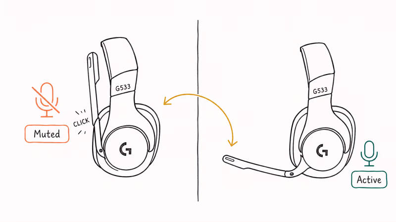 Hand-drawn Logitech G533 boom mic showing muted and active positions