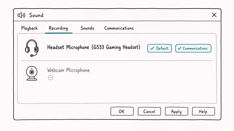 Windows Sound Recording tab showing G533 headset mic with default device and communications device checkmarks