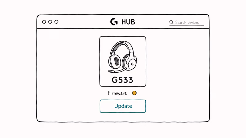 Logitech G HUB window showing G533 firmware update indicator