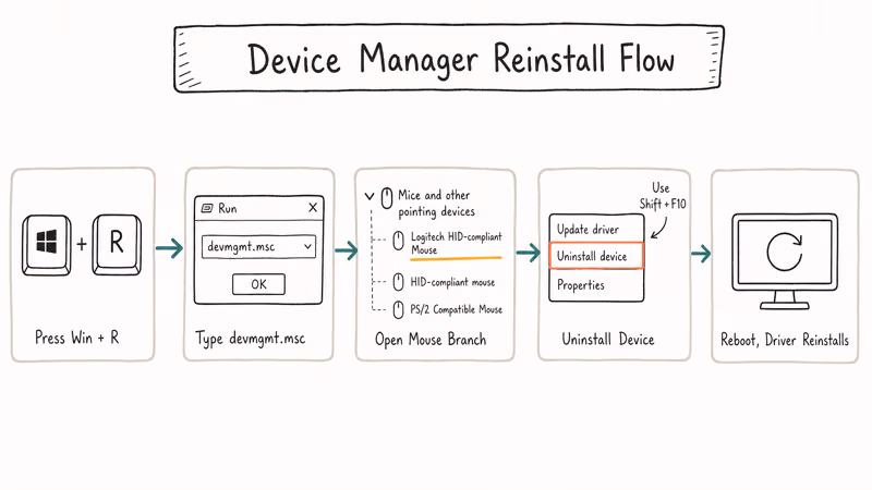 Flowchart of Device Manager steps to reinstall Logitech HID mouse driver on Windows