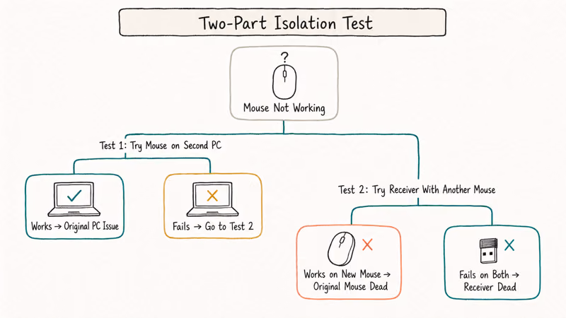 Decision tree illustrating two-part isolation test for Logitech mouse receiver and computer