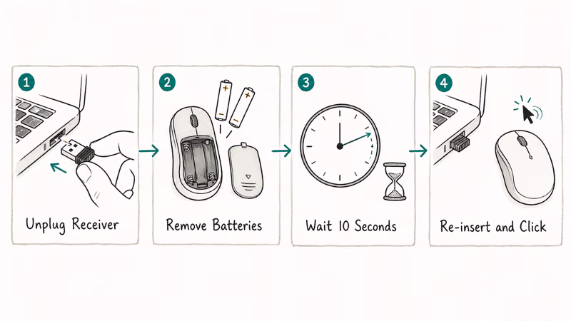 Four-step illustration showing how to re-seat Logitech receiver and replace AA batteries