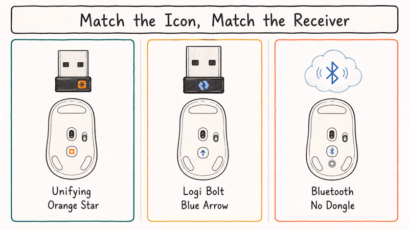 Comparison illustration of Unifying Logi Bolt and Bluetooth Logitech mouse receiver icons