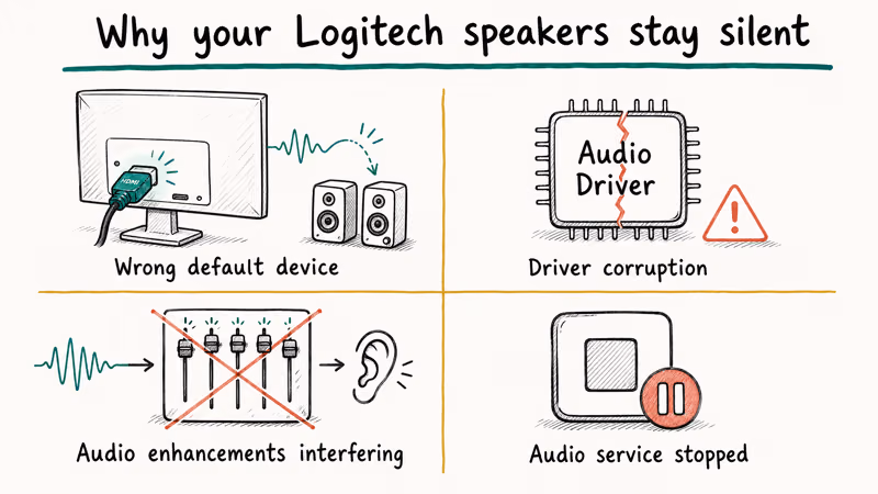 Four-quadrant illustration of common Logitech speaker silence causes
