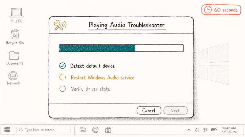 Hand-drawn Windows playing audio troubleshooter wizard mid-scan with sixty-second timer and audio service restart step