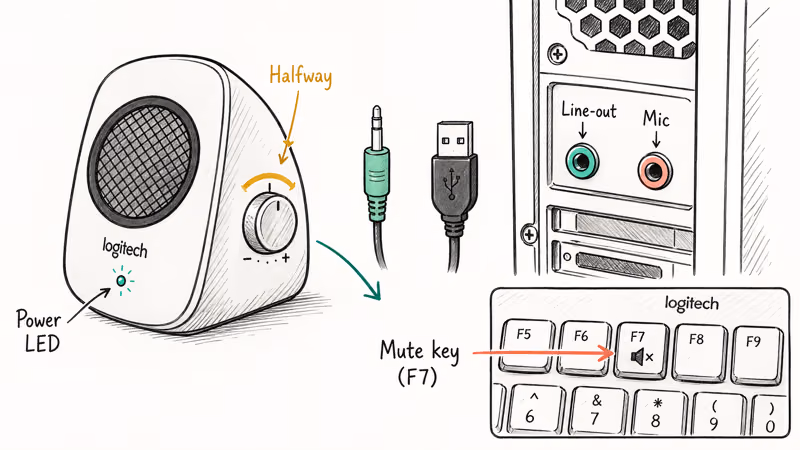 Close-up sketch of Logitech speaker plug, ports, volume knob, and mute key