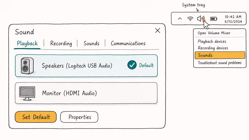 Hand-drawn Windows Sound settings showing Logitech speakers selected as default playback device over HDMI monitor