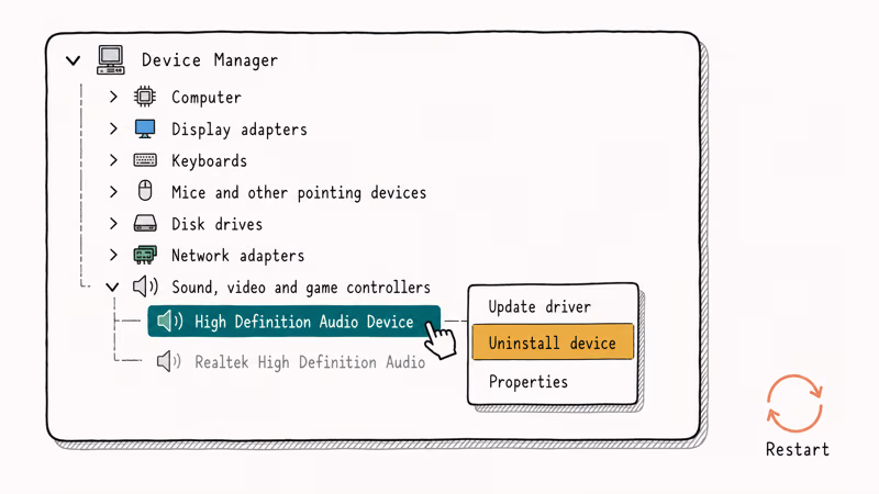 Hand-drawn Device Manager showing audio driver uninstall option highlighted