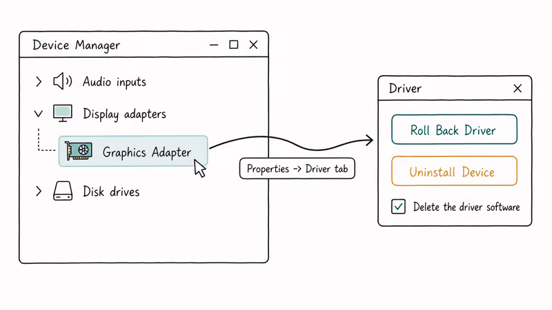 Hand-drawn Device Manager showing Display adapters and rollback options