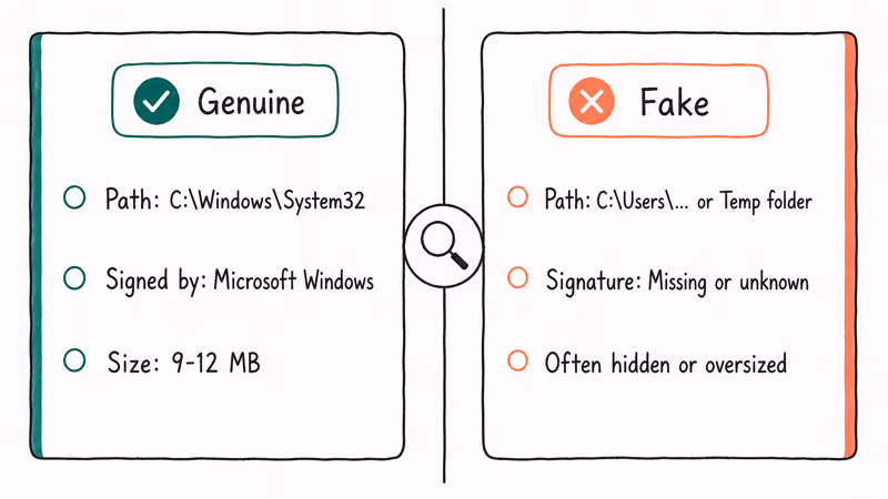Two columns comparing genuine System32 LogonUI.exe with suspicious user-folder copies