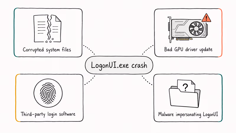 Four cards showing common LogonUI.exe error root causes