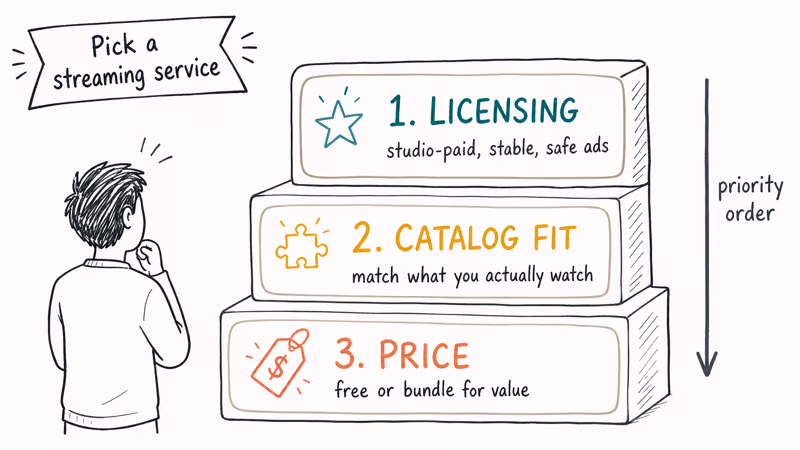 Hand-drawn three-step priority podium showing licensing, catalog fit, and price as streaming service decision order.