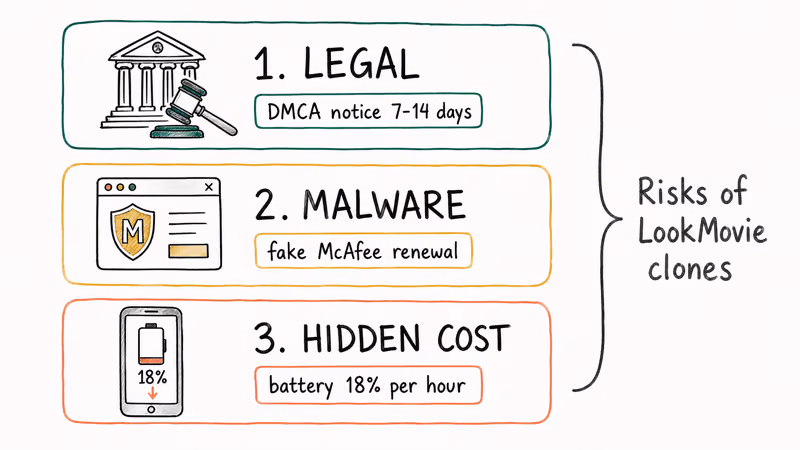 Hand-drawn three-layer stack illustrating legal, malware, and hidden battery cost risks of LookMovie clones.