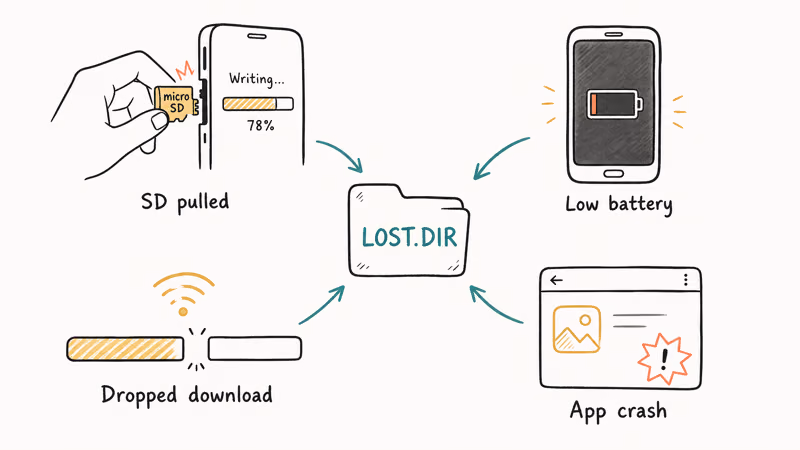 Hand-drawn diagram of four common Android write interruptions feeding the LOST.DIR folder.