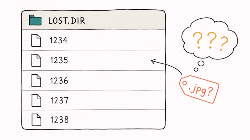 Hand-drawn Android file list showing numbered LOST.DIR entries with missing file extensions.