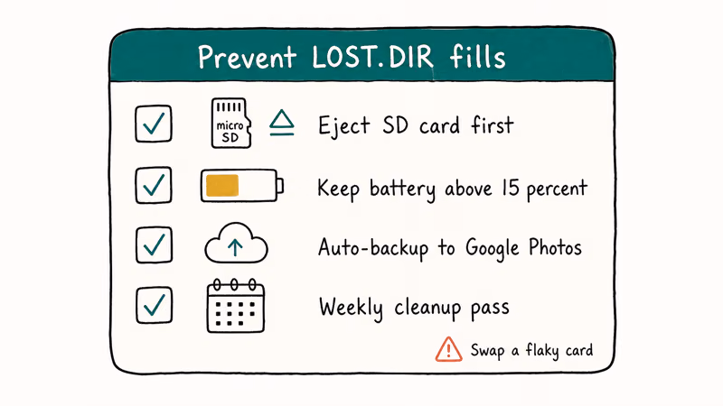 Hand-drawn checklist of four prevention tips to stop Android LOST.DIR from refilling.