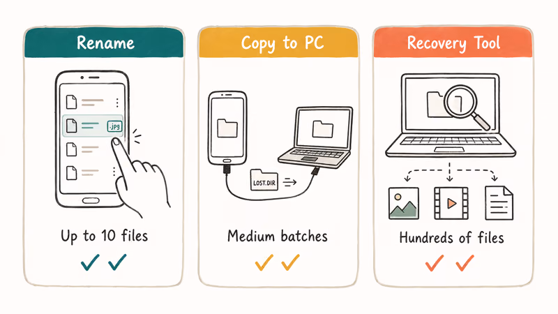Hand-drawn three-column comparison of LOST.DIR recovery methods by file count and effort.