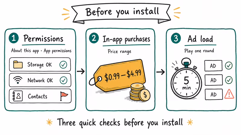 Hand-drawn three-step pre-install checklist covering permissions in-app purchases and ad load