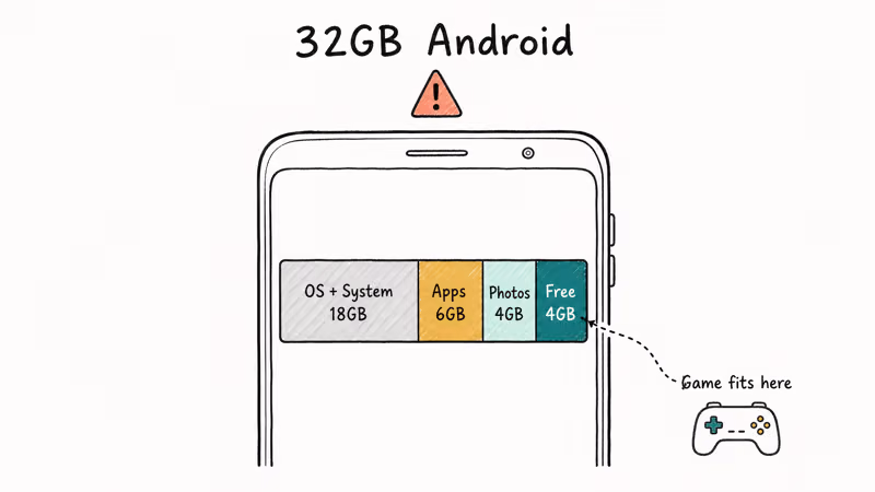 Hand-drawn 32GB Android storage bar showing OS apps photos and free space