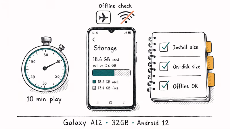 Hand-drawn Galaxy A12 test bench with stopwatch offline toggle and checklist notebook