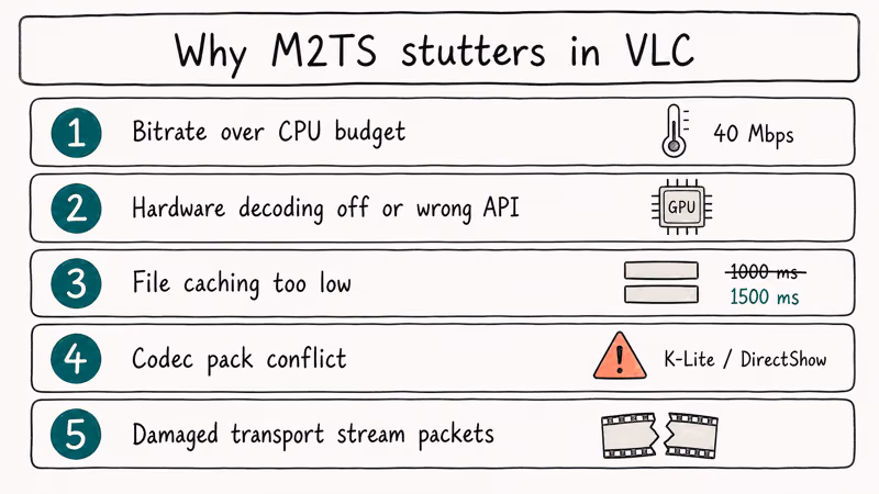 Ranked list of five M2TS stutter causes from bitrate to damaged packets