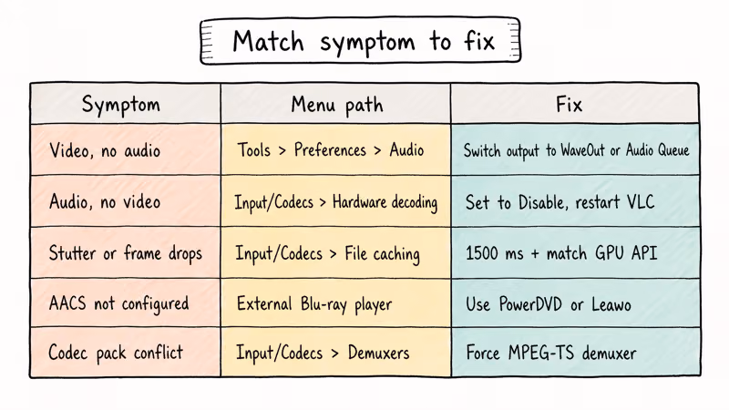 Hand-drawn three column matrix mapping M2TS playback symptoms to VLC menu paths and fixes