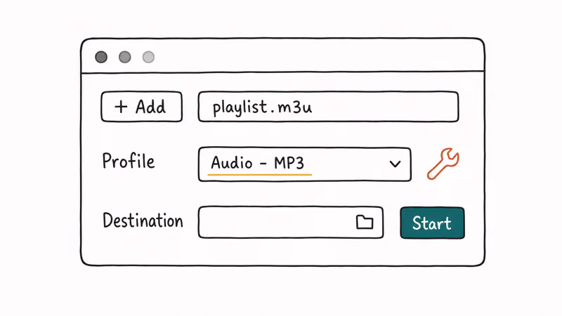 Hand-drawn illustration of VLC Convert and Save dialog with profile dropdown set to MP3