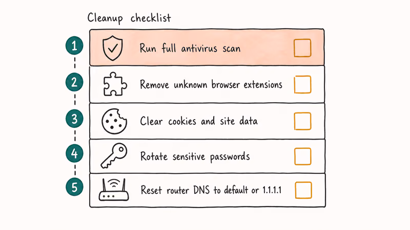 Hand-drawn five-step cleanup checklist for recovering a device after visiting an unsafe streaming site.