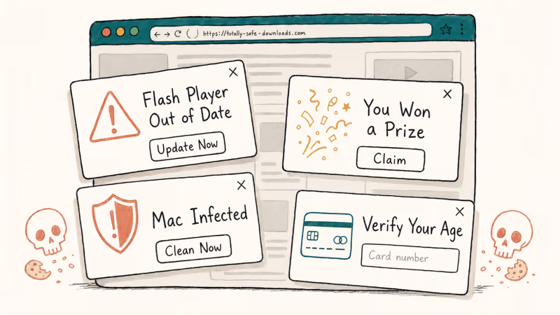 Hand-drawn browser scene showing four fake malware pop-ups commonly served by pirate streaming sites.