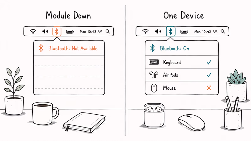 Side by side of a down Bluetooth module versus one Mac device failing to connect