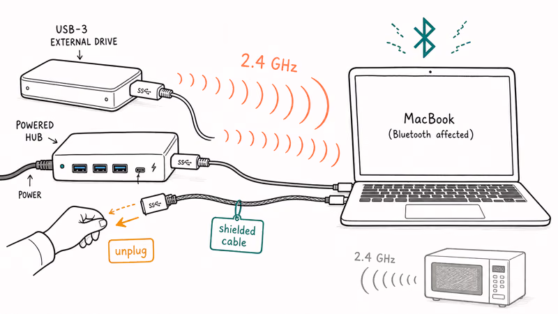 USB-3 drive and hub emitting 2.4 GHz noise that jams the Mac Bluetooth module