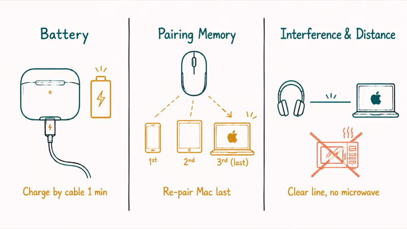 Three-column hand-drawn panel comparing battery, pairing memory, and interference checks for Mac Bluetooth