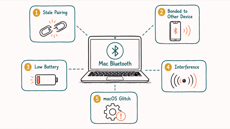 Hand-drawn panel showing five common Mac Bluetooth failure causes around a central MacBook