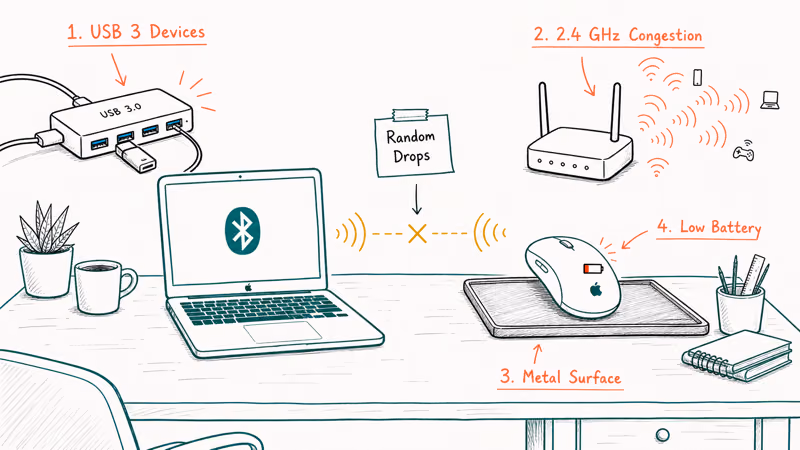 Hand-drawn desk scene showing USB 3, metal, 2.4 GHz, and low battery causing Bluetooth drops