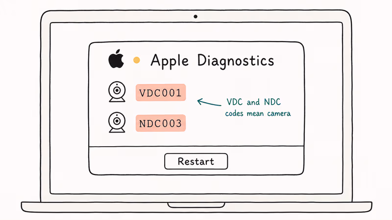 Hand-drawn Apple Diagnostics result screen showing VDC and NDC camera reference codes with explanatory note