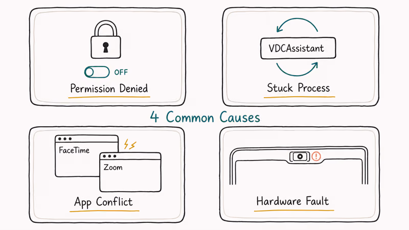 Hand-drawn diagram showing four common Mac camera failure causes including permission, process, app conflict, hardware