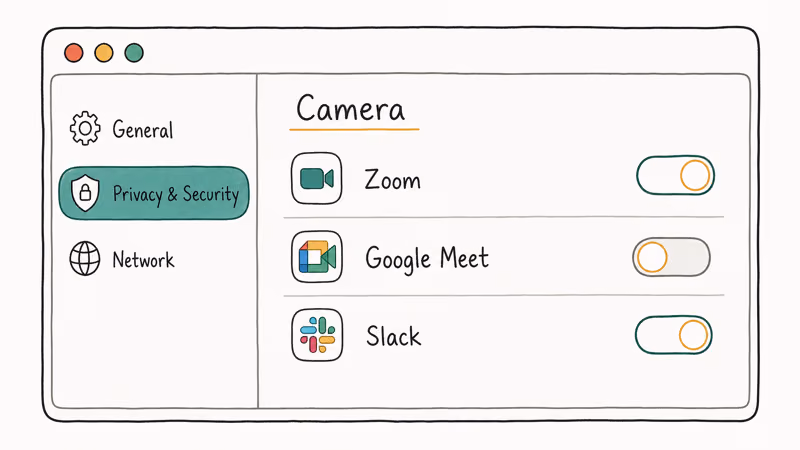 Hand-drawn macOS System Settings showing Privacy and Security Camera pane with per-app toggles enabled
