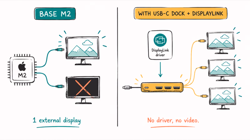 Base Apple silicon chip driving one display while a dock needs a DisplayLink driver to pass video