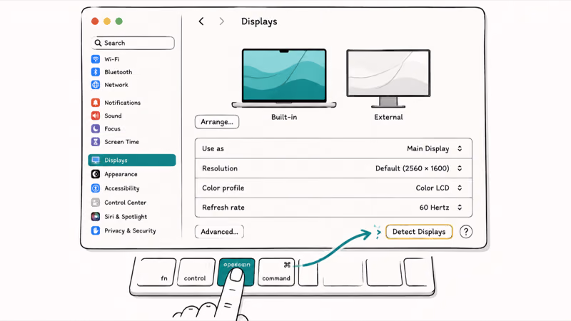 macOS Displays settings panel with the Option key revealing the Detect Displays button at the bottom