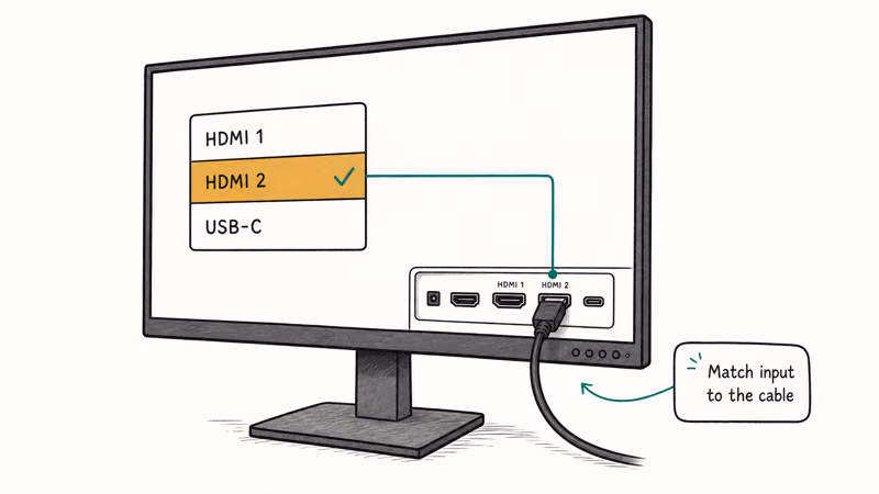 Hand-drawn monitor input menu with HDMI 2 selected to match the cable plugged into the Mac