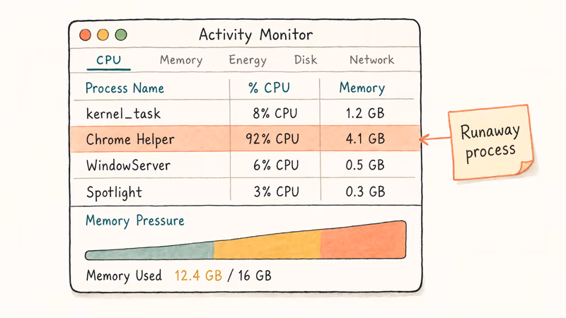 Activity Monitor showing Chrome Helper using CPU with red memory pressure