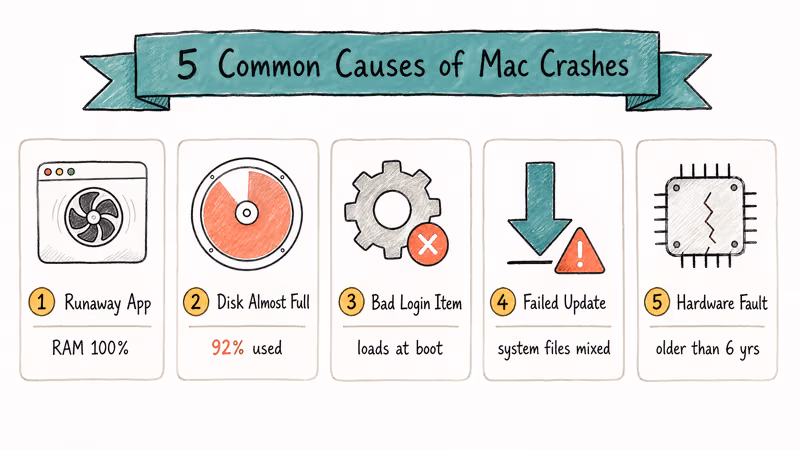Five common Mac crash causes including runaway apps, full disks, and hardware faults