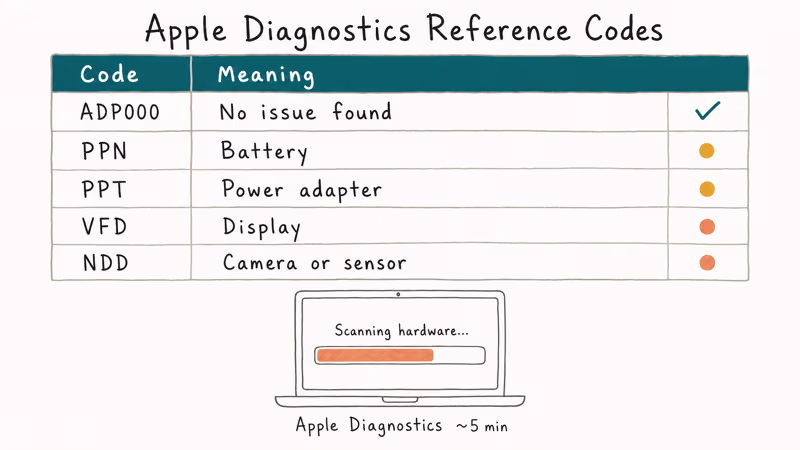 Apple Diagnostics card with common codes and five minute progress bar