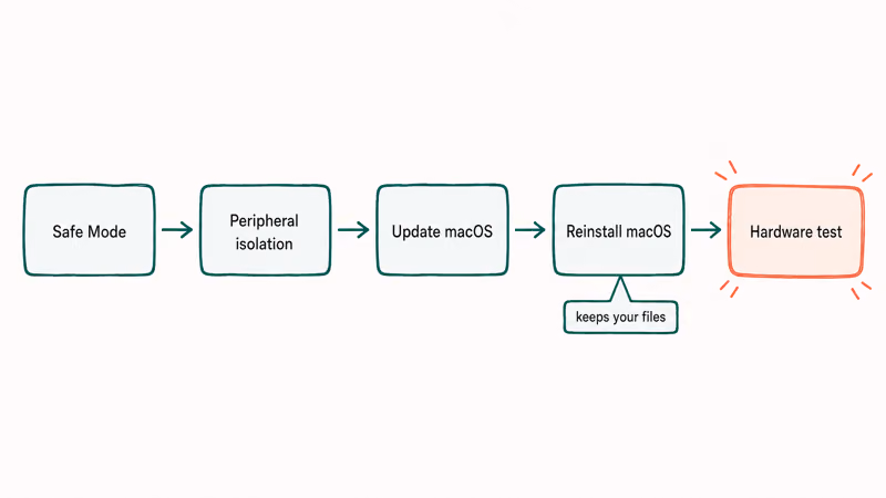 Ordered troubleshooting path showing reinstalling macOS only after Safe Mode, peripheral isolation, and updates fail