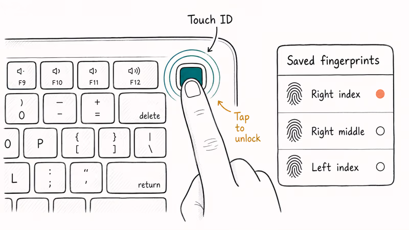 Hand-drawn MacBook Touch ID sensor with a finger tapping it and three saved fingerprints listed