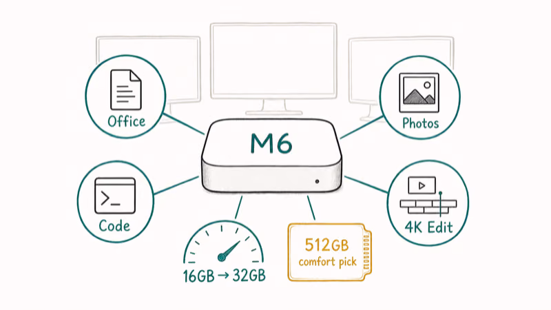 Mac mini M6 handling office coding photo and everyday 4K editing workloads