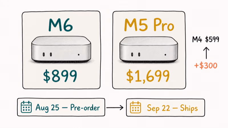 Mac mini M6 and M5 Pro prices beside August and September release dates