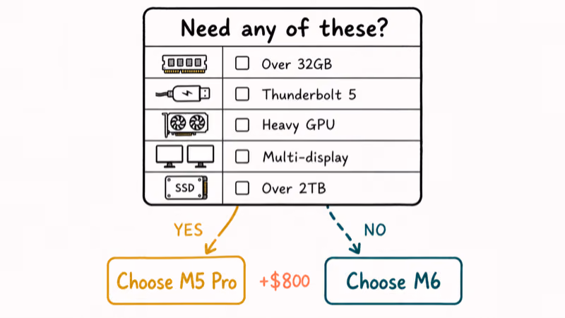 Five workflow gates for M5 Pro including memory Thunderbolt graphics storage and specialized multi-display setups