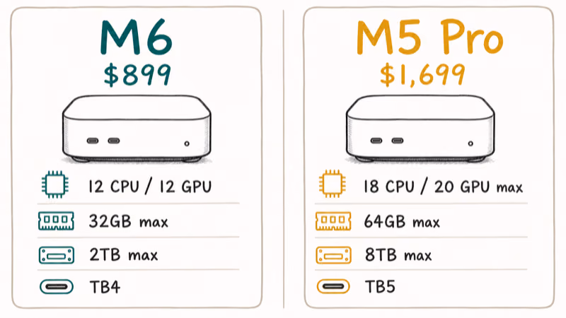 Side-by-side Mac mini M6 and M5 Pro processor memory and storage limits
