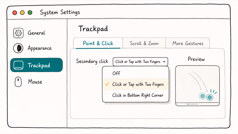 Hand-drawn macOS System Settings Trackpad pane with the Secondary click pop-up menu showing three options